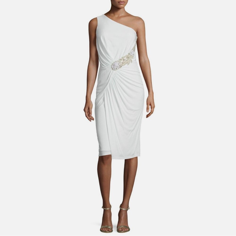 David Meister Ruched Beaded Cocktail Dress